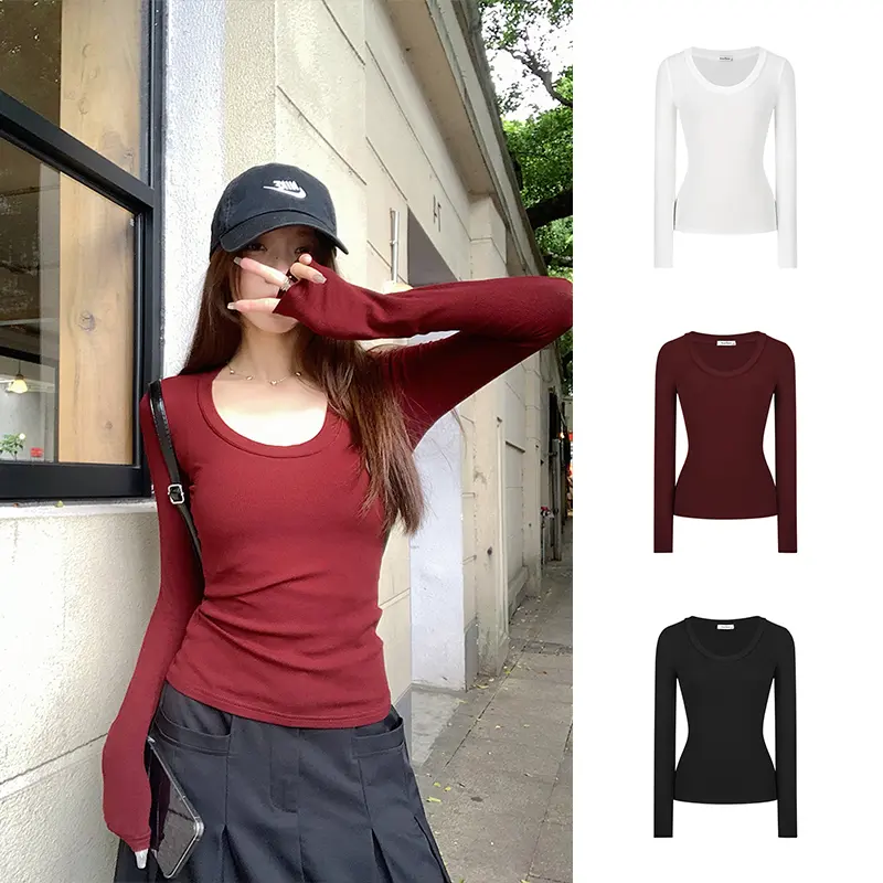 <MosesQueen> Áo sơ mi nữ dài tay cổ tròn, bên trong thông thường, thích hợp cho nữ, dáng ôm, màu trơn đơn giản #62304