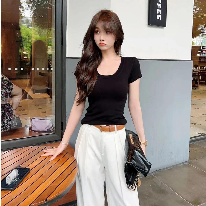 Kaka Women's Basic Department Ceiling U Neck Knit T-Shirt Slim Straight Shoulder Short Sleeve Tops for Women 0