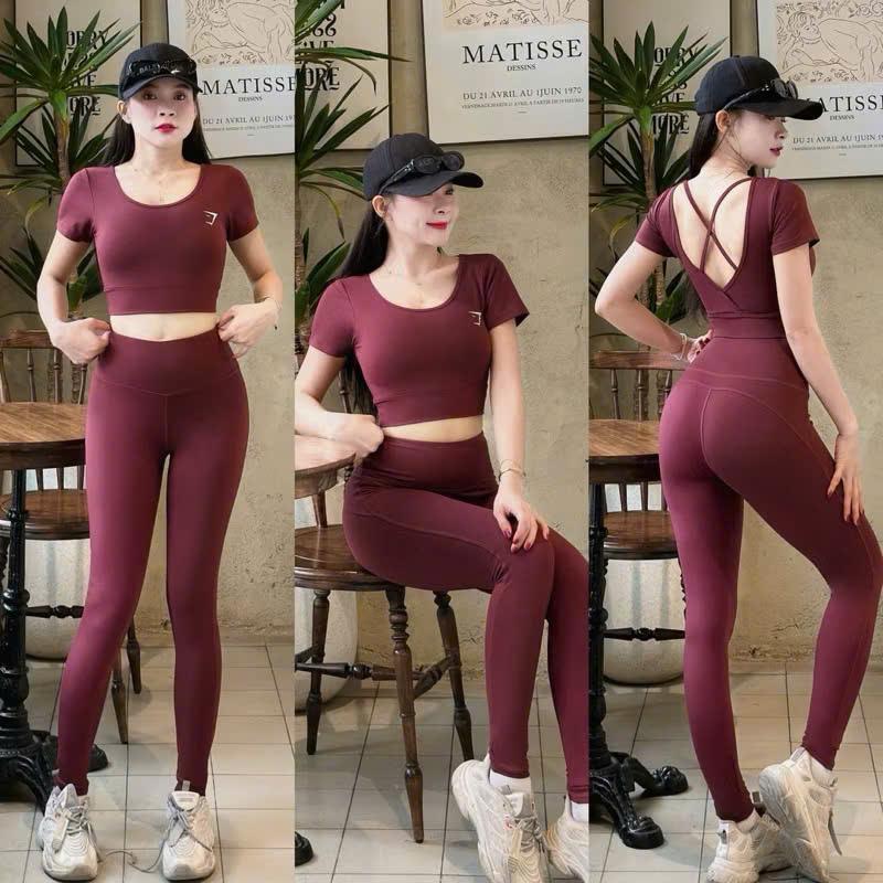TẶNG ĐỆM MÚT Bộ Tập Gym Yoga Aerobic Gồm Áo Cộc Tay Dây Chéo Hở Lưng Quần Dài Cạp Cao Co Giãn 4 Chiều. Chất Đẹp Sport Top Tập Yoga Chạy Bộ -B12