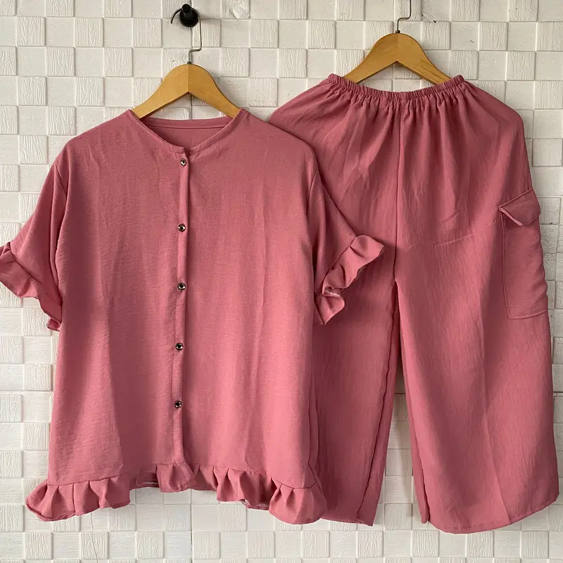 Setelan Celana 7/8 Wanita / Set Atasan Lengan Pendek Rempel / Merly Set Kancing / Korean Style 0