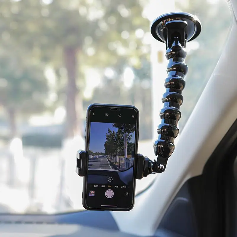 JOYTUTUS Universal Selfie Phone & Glass-Compatible Action Camera Car Suction Cup Mount with Flexible Snake-like Bracket for Sports Filming