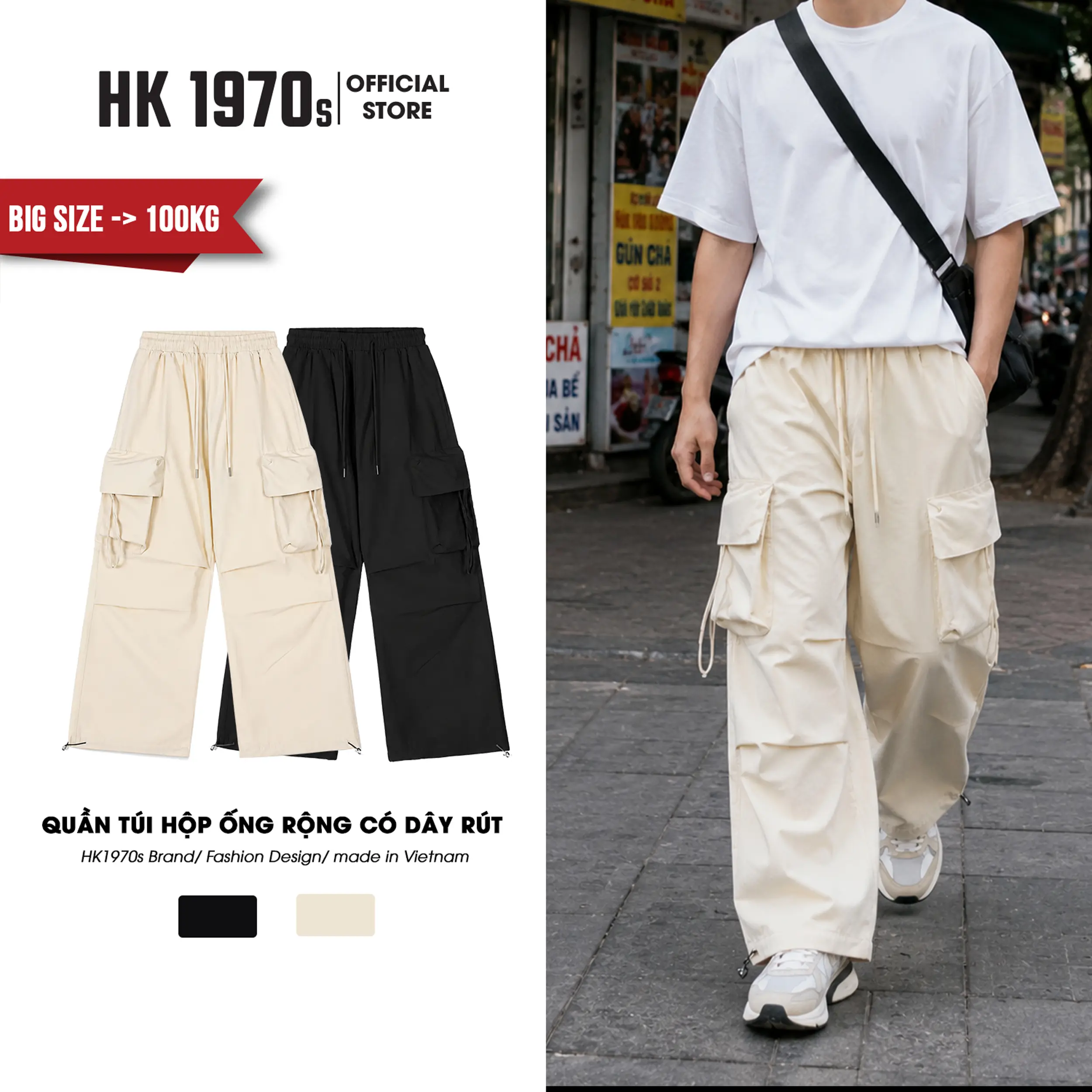 Quần Ống Rộng Nam Nữ Có Dây Rút Unisex, Quần Túi Hộp Vải Dù Phong Cách Hiphop Đường Phố Q130 Nam Menswear Pants Đen Trắng