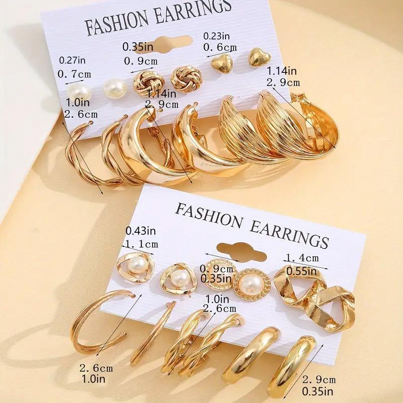 Anting-anting Mutiara Geometris Emas Retro 12 Pasangan Populer Set - Anting-anting Hadiah Grosir Seluk Kepala Muslim Wanita
