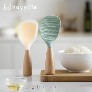 HAYYLIFE Silicone Rice Scoop / Centong Nasi Silikon / Rice Spoon Gagang Kayu / Sendok Nasi Silicon Bisa Berdiri HL-ABA956