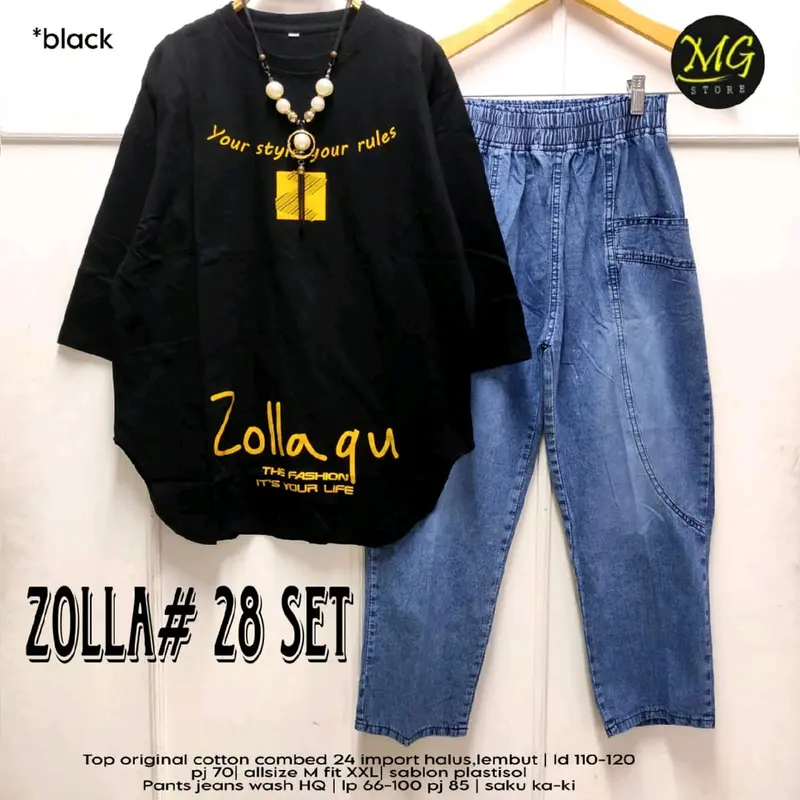 ZOLLA SET #28 Setelan Wanita Dewasa JUMBO atasan Combed 24s TEBAL Celana Jeans Wash HQ • Desain kasual Kekinian • Bisa COD 2