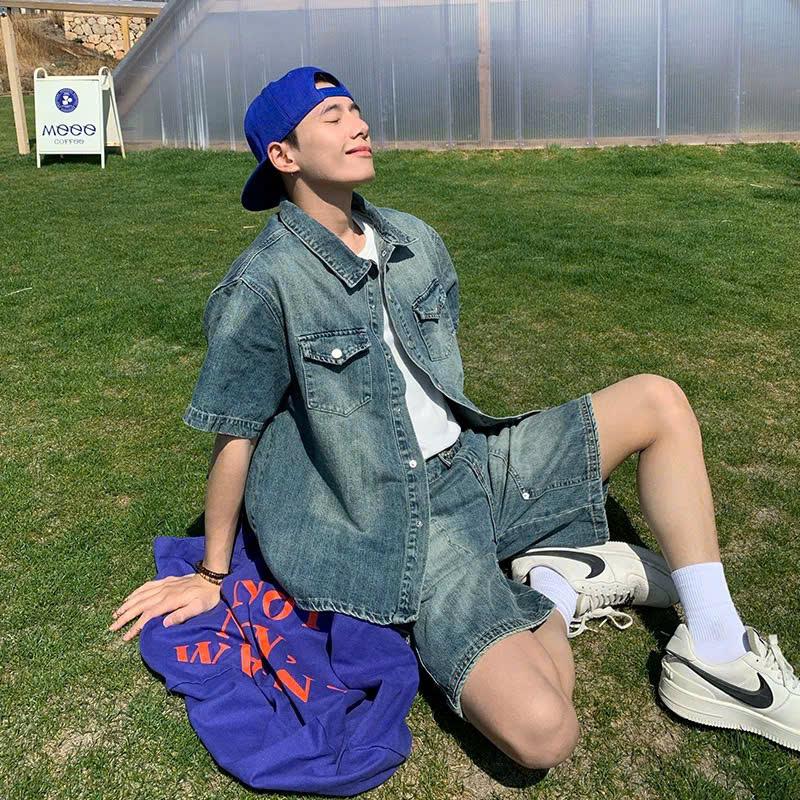 Set Jean Lửng GODMOTHER Set Đồ Nam (Áo + Quần) Set Jean Wash Cộc Tay Form Rộng Trẻ Trung Năng Động
