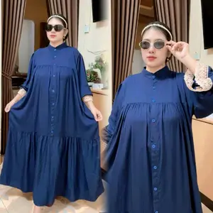 SERIES RAYA MIDI RAYON TWILL POLOS LD 120CM PJ 130CM LENGAN BALON Gamis kancing Gamis Viral Wanita