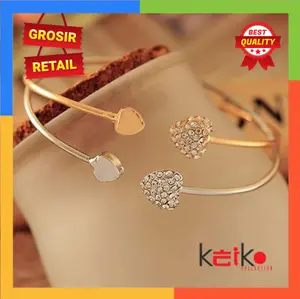 ALOY GL001 - Gelang Bangle Open Cuff Motif Hati Kristal untuk Wanita / Gelang Love / Gelang Bangle Fashion