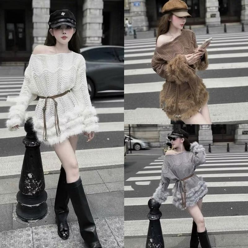 (VIP - phối Lông ) Áo Len Trễ Vai PHỐI LÔNG KÈM ĐAI  , cổ TRỄ from rộng Nữ