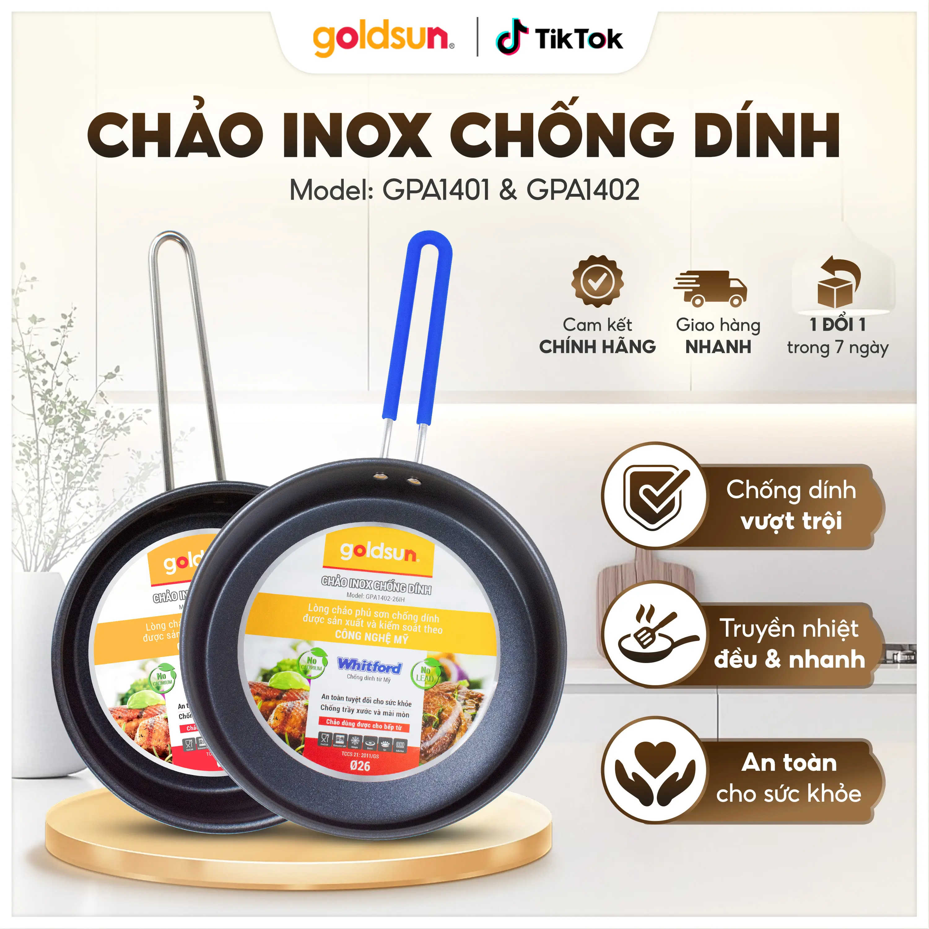 Chảo inox chống dính Goldsun GPA1402-GPA1451 đáy từ 3 lớp sử dụng trên mọi loại bếp