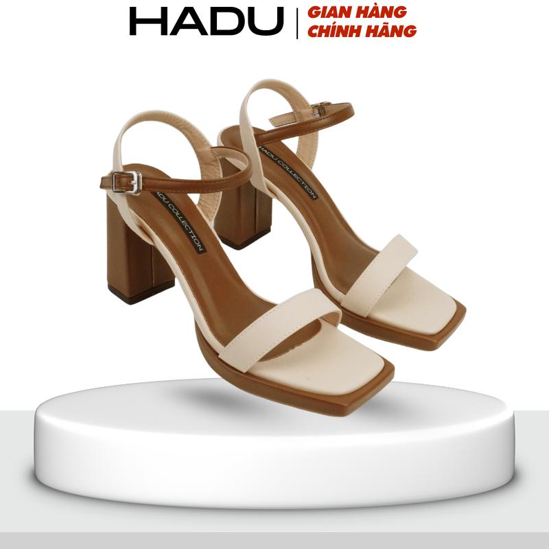 Giày Sandal Nữ Cao Gót 9P Đế Vuông Quai Ngang Phối Màu HADU M7140 Da PU Cao Cấp BH 12T Women Shoes