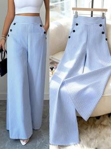 Pantalones largos de mujer estilo coreano nuevo para verano, sencillos y elegantes, de lino azul a rayas, cintura alta, ajuste entallado pero holgado, casuales