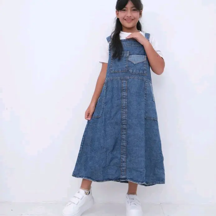 Overall Dress Jeans Anak Fashion Perempuan Baju Jumsuit Usia 7-10 Tahun 2