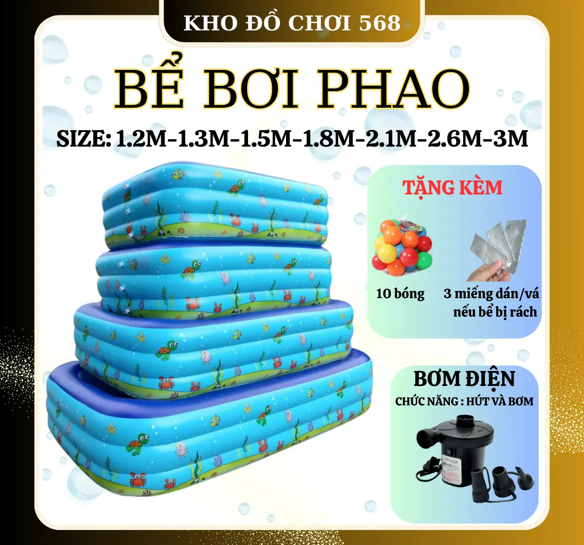 [TẶNG 10 BÓNG] BỂ BƠI PHAO LOẠI DÀY 3 TẦNG ĐẦY ĐỦ KÍCH CỠ 3m , 2m6 , 2m1 ,.... TẶNG kèm 10 bóng + 3 miếng dán vá dự phòng siêu dính