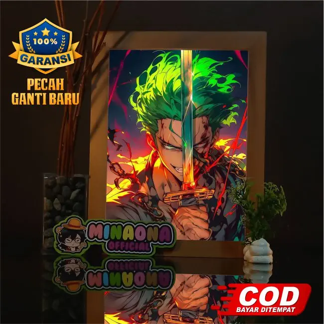 LAMPU HIAS BOX 3D - Hiasan Meja Edisi ONE PIECE Minimalis Dilengkapi dengan LED Frame 3D dari Kayu Damar Lapisan Glossy Halus dan Kaca Akrilik, Lampu Tidur atau hiasan ruangan Light Painting 3D Lampu Box digital foto bingkai photo Merah
