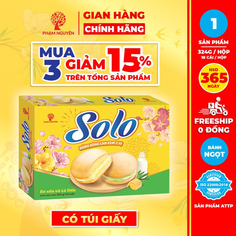 MUA 3 GIẢM 15% HỘP QUÀ TẾT 2026 Hộp Bánh bông lan kem Solo mix 2 vị Bơ Sữa và Lá Dứa 324g