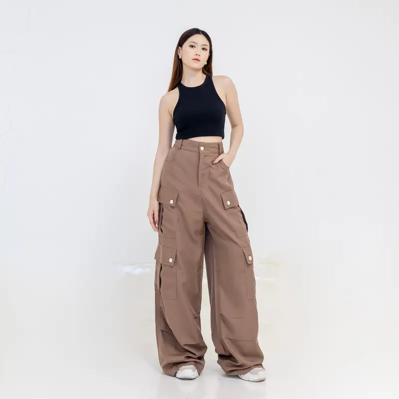 Georgios Women | Aline Pants Vol 2 | Celana Panjang Cargo Korean Wanita Kekinian High Waist Casual Cewek Dewasa Hitam Loose Karet Baggy 2