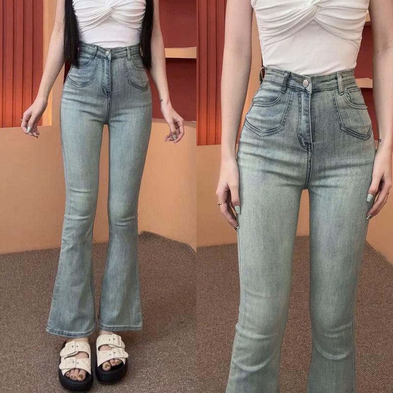 [ ZINLY SHOP ] Quần Jean Nữ Ống Loe Fom Ngắn 95Cm Và Dài 105Cm Màu Xanh Phủ Rêu Thiết Kế Viền Túi Bầu Vải Co Giản Dẽo Dai Mềm Mát QQ404