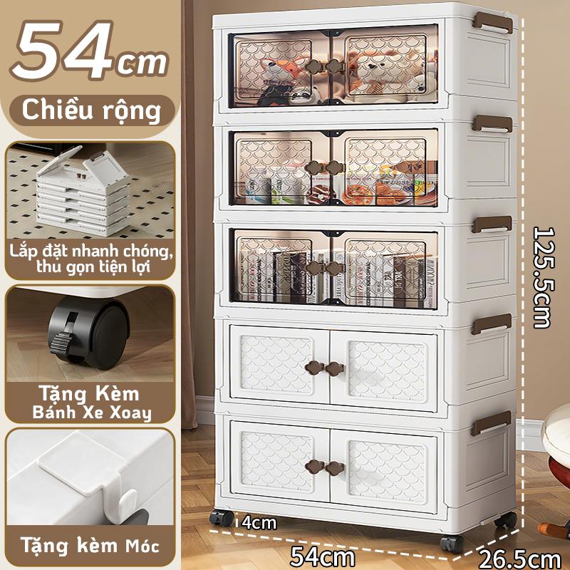 Tủ Quần Áo Gập Larg 54cm - Tủ Đồ Trẻ Em Đa Năng 125.5cm x 26.5cm x 52cm - Tủ Giày & Đồ Ăn Vặt Không Cần Lắp Ghép - Tặng Móc & Bánh Xe Xoay