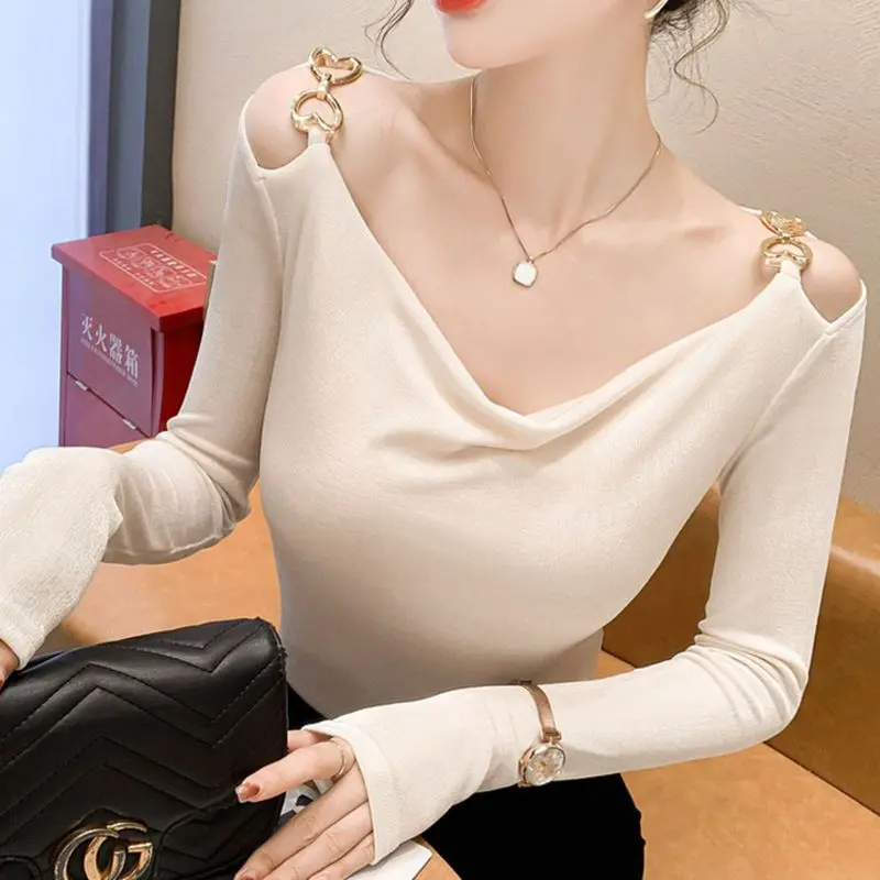 Thời Trang Nữ Cổ Chữ V Khoét Hở Áo Sơ Mi Vai Quần Áo Mùa Thu Kích Thước Lớn Cổ Chui Đầu Áo Sơ Mi Ngọt Ngào
