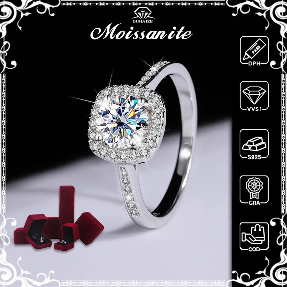 (COD) -GUHAIZB Cincin Berlian Persegi 1 karat Moissanite Dengan Cincin Wanita Perak Asli 925 sertifikat GRA SY11 Adjustable cincin kawin Aksesori Wanita