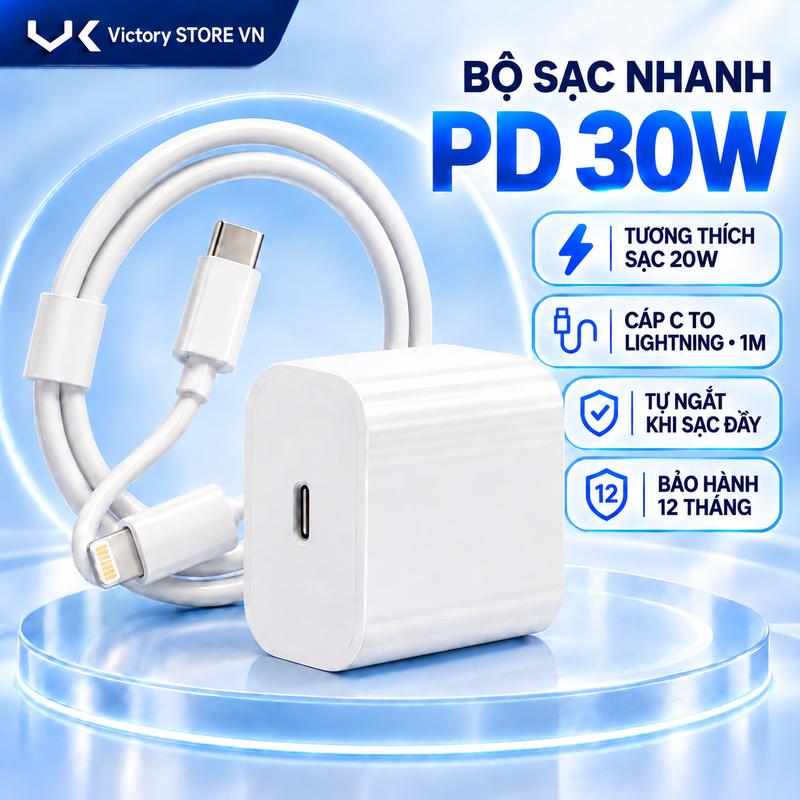 VK Bộ Sạc Nhanh 30W TƯƠNG THÍCH SẠC 20W Dành Cho Iphone 6-14PRM Dây Cáp Tự Động Ngắt Khi Sạc Đầy Bền Cao Tốc Độ Nhanh 60% trong 30 phút Bảo Vệ Pin An Toàn Cho Điện Thoại (Bảo Hành Chính Hãng 1 Năm)