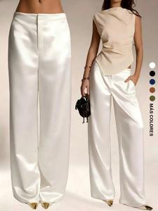 Pantalones de mujer de color sólido en satén con pierna ancha, elegantes pantalones largos para uso casual, ropa cómoda y a la moda para mujeres