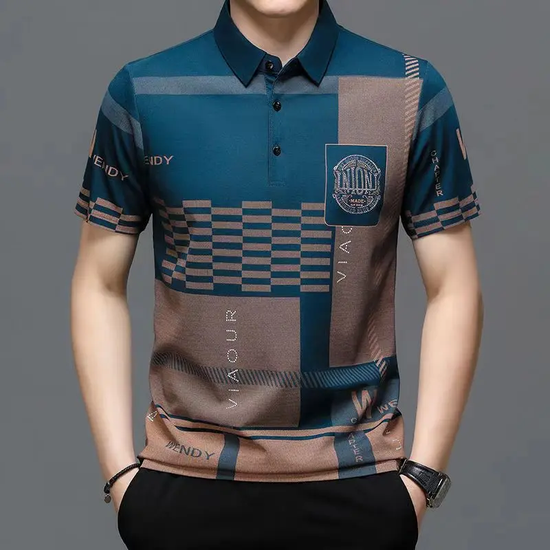 New men's high-end T-shirt printed polo shirt, fashionable and western-style lapel short sleeved men's top Menswear Lingerie