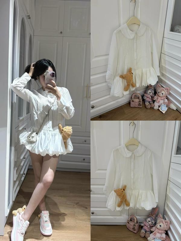 ( Kèm Gấu ) Váy Xếp Li Ngực Cổ Sen Dáng Bí Phồng Trắng Dài Tay Top Nữ Women By