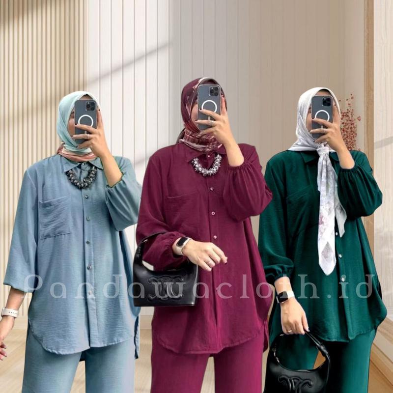 One Set Cargo Crinkle Airflow | Setelan Langan Panjang Celana Cargo Terbaru | Best Seller Kekinian Atasan dan Bawahan Ternyaman | One Set Korean Style All Size Fit To XL | terbaru Variasi Kulot Dewasa Tunik Baju Kancing Loose Linen 1