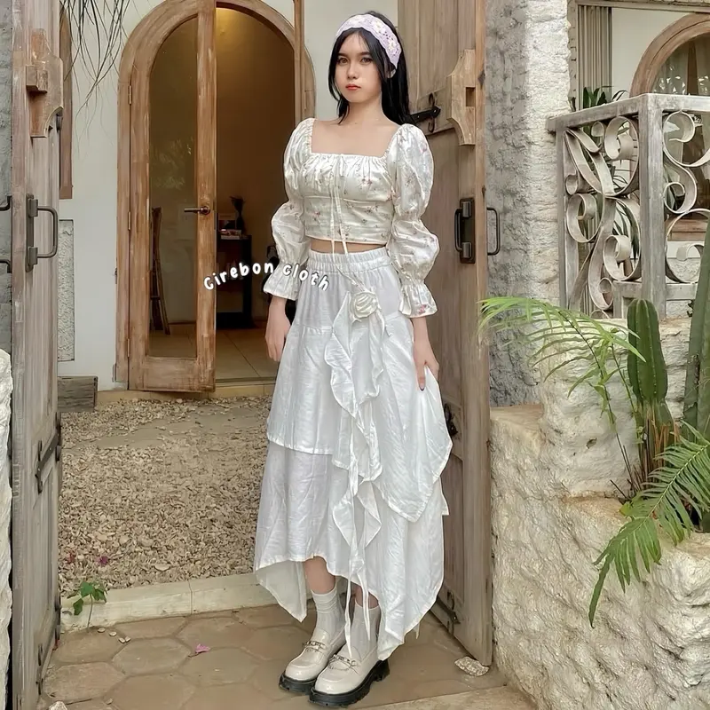 KIYANA Cirebon Cloth - Bellerose Skirt / Aesthetic Skirt / Rok Bunga / Rok Asimetris Ruffle Wanita Panjang Serut 0