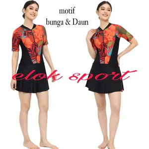 Elok Sport Baju Renang Diving Wanita Dewasa Motif Bunga & Daun Lapis Cup BH Rok Celana Diving Swimsuit Outdoor Resleting Sport Spandex Lycra Premium UV Protection