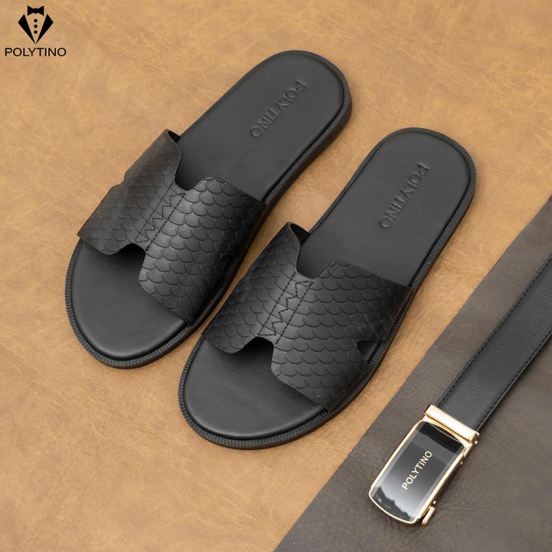 Dép Da Nam Vân Da Rắn Chữ H Cao Cấp 3001 POLYTINO, Dép Lê Da Bò Nhập Khẩu Đế Cao Su Chống Trơn Trượt BH 12 Tháng