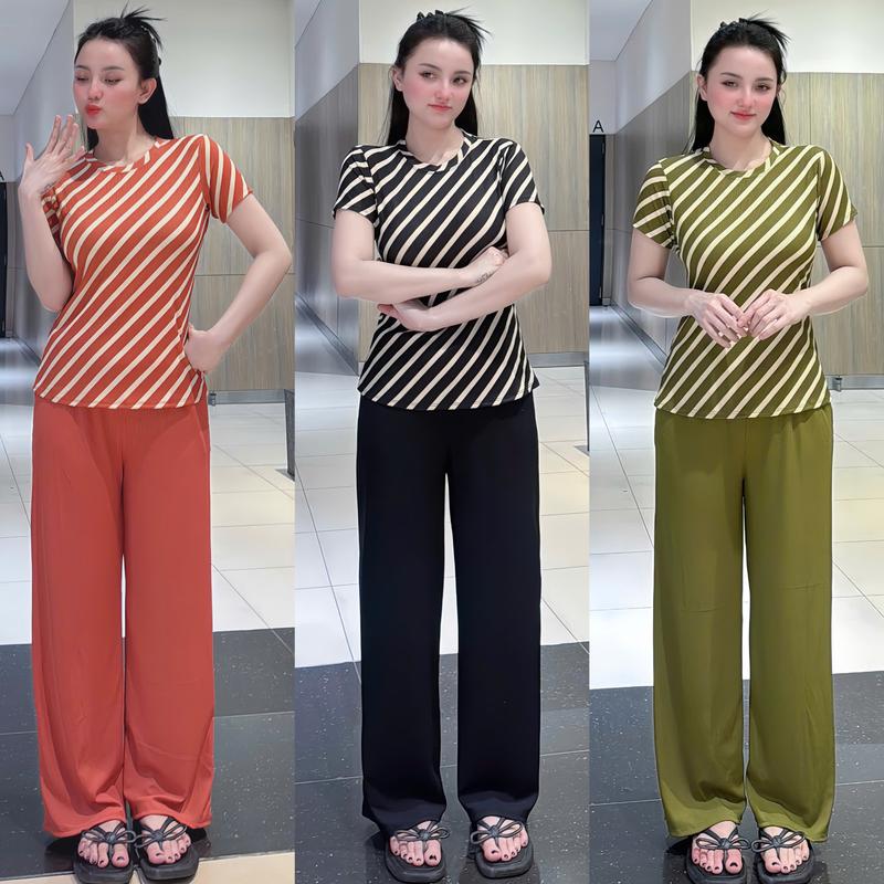  đồ bộ thun gân mặc nhà áo cổ tròn - ống quần suông rộng họa tiết đơn giản M1 