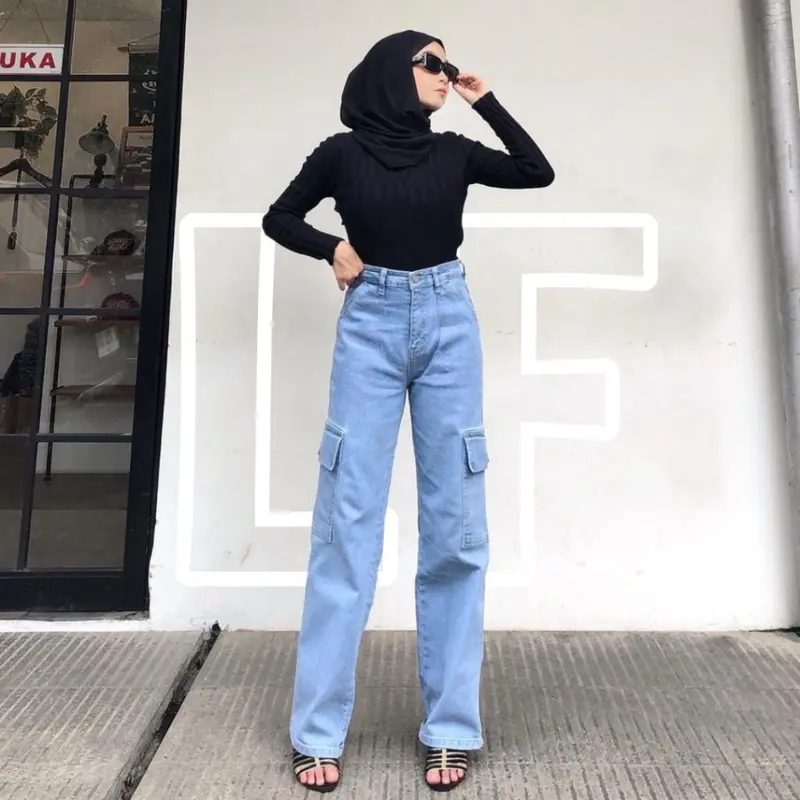 HIGHWAIST CARGO JEANS WANITA VIRAL JEANS WARNA Celana Panjang 7