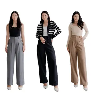 Celana Kulot Loose Pants High waist - Celana Kerja Wanita - Bawahan Wanita Panjang Kantor Formal Casual Kain Polyester Semi Flowy Tebal Nyaman Basic Hitam Putih Dark