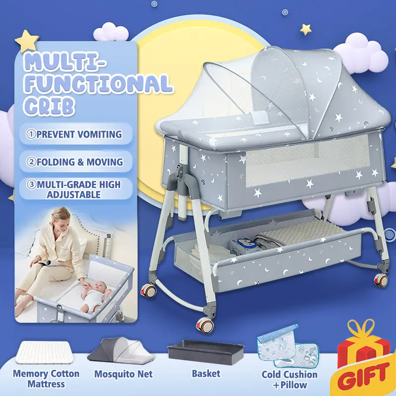 【SG STOCK】Baby cot Multifunctional Liftable Crib Mobile With Mosquito Net Baby Crib Baby Rocker Bassinet Bed