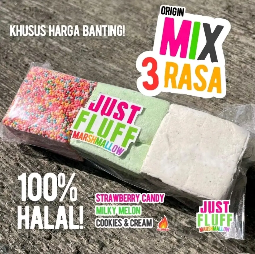 justfluff marshmallow viral enak terlaris dan banyak rasa alfa mix,mix origin,choco banana, strawberry,berry berry Candy