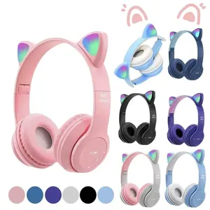 P47M Wireless Headphone Cute Cat Ear Bluetooth Headset LED Children Stereo Folding Sports Microphone Earphone Peredam