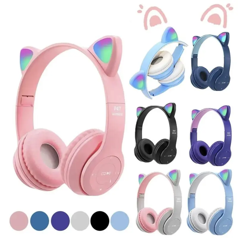 P47M Wireless Headphone Cute Cat Ear Bluetooth Headset LED Children Stereo Folding Sports XY227 BLACK