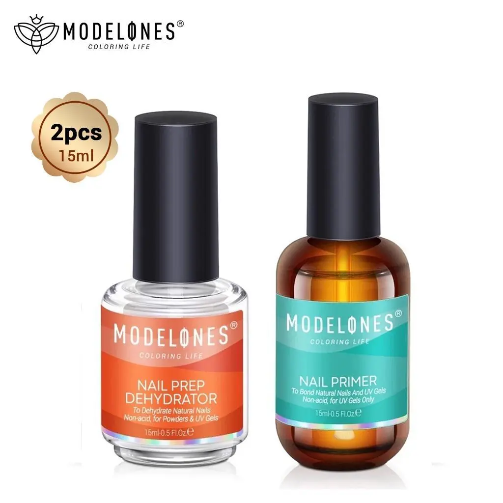 Modelones Natural Prep Dehydrator Primer Set Glass Bottle 15ml Quick Dry DIY Nail Pra-pemeliharaan Art Cat Kering Kuku Polish Kutek(1 Free gift)