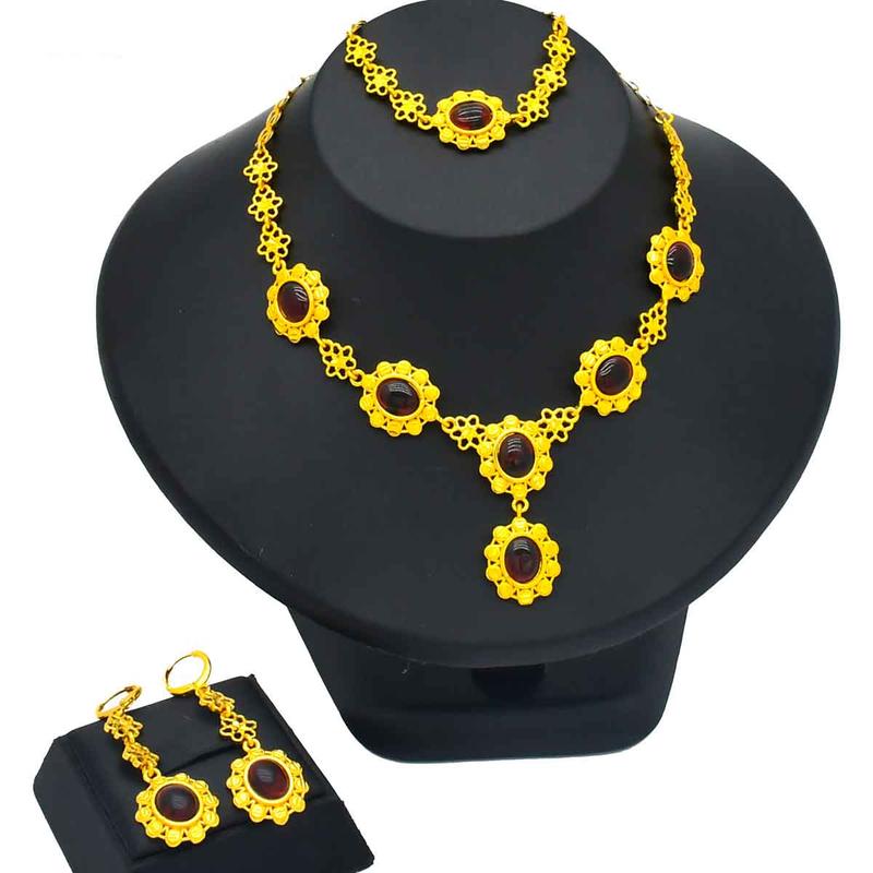 Product Introduction of Dubai Bridal 18k Gold Plated Jewelry Set Fashion Ruby Resin Wedding Necklace Bracelet And Earrings Jewelry Set For Women 13