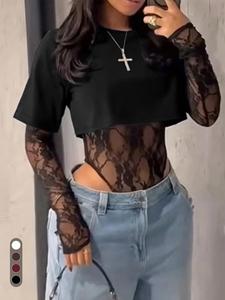 Body de encaje sexy tipo camiseta corta casual para mujer, transparente, ideal para salir a clubes y fiestas nocturnas