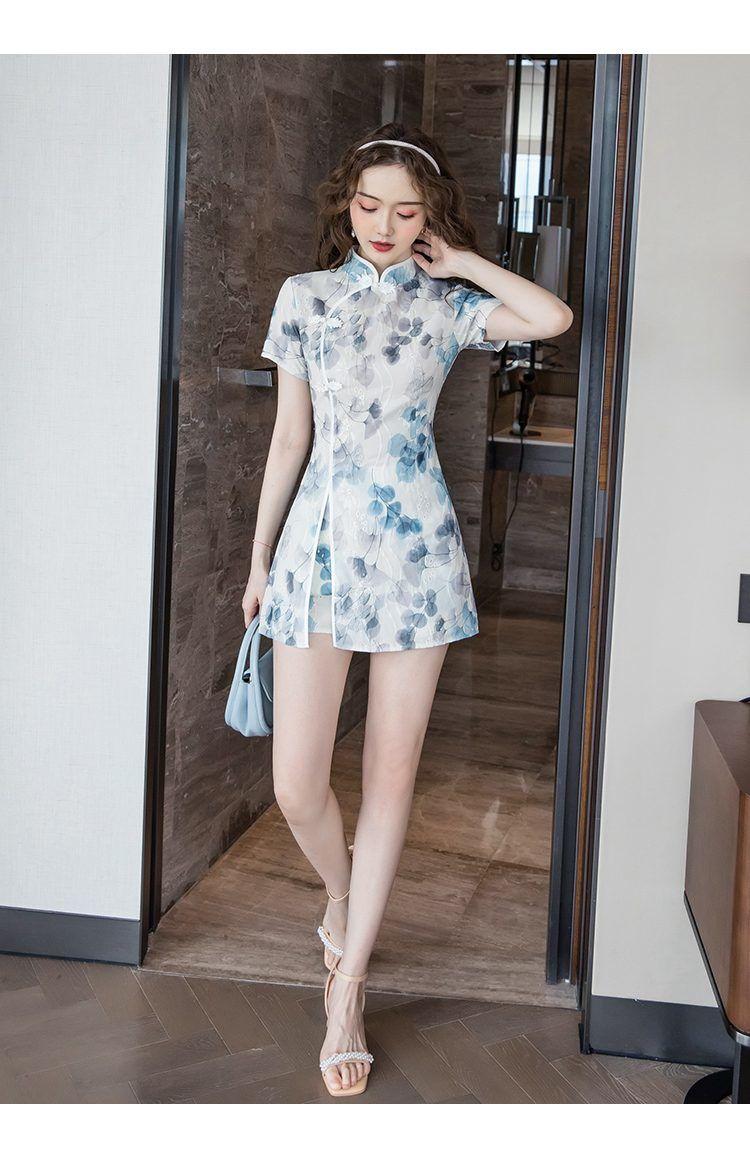Product Introduction of 2024 Summer New Korean Style Elegant Young Style Embroidered Slimming Improved Cheongsam Dress Shorts Two-piece Suit 8