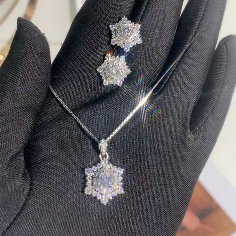 VB149 Bộ trang sức mặt dây, bông tai đính kim cương nhân tạo Moissanite, Bạc ý xi bạch kim