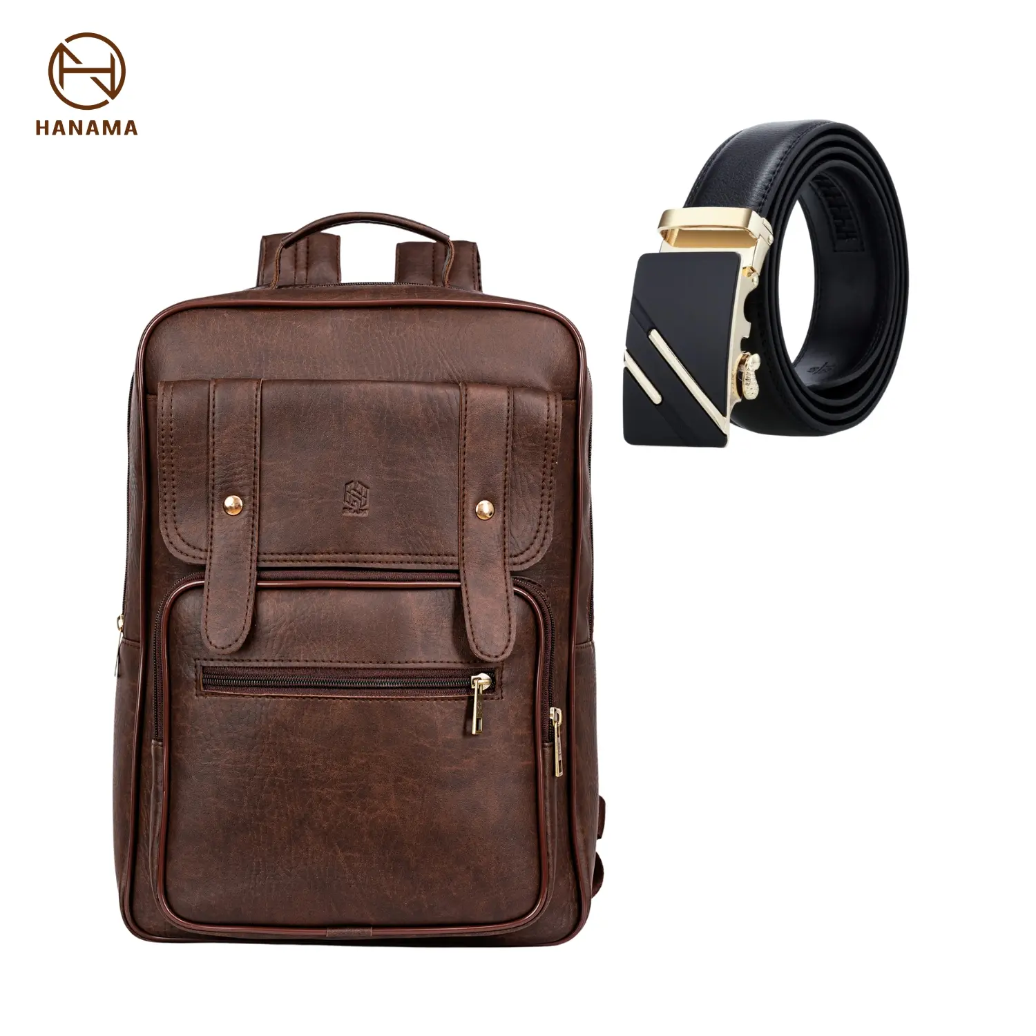 Hanama Balo đựng laptop đa năng Bag kèm thắt lưng  Bon17 nâu kèm thắt lưng đen vàng Bag Da Túi
