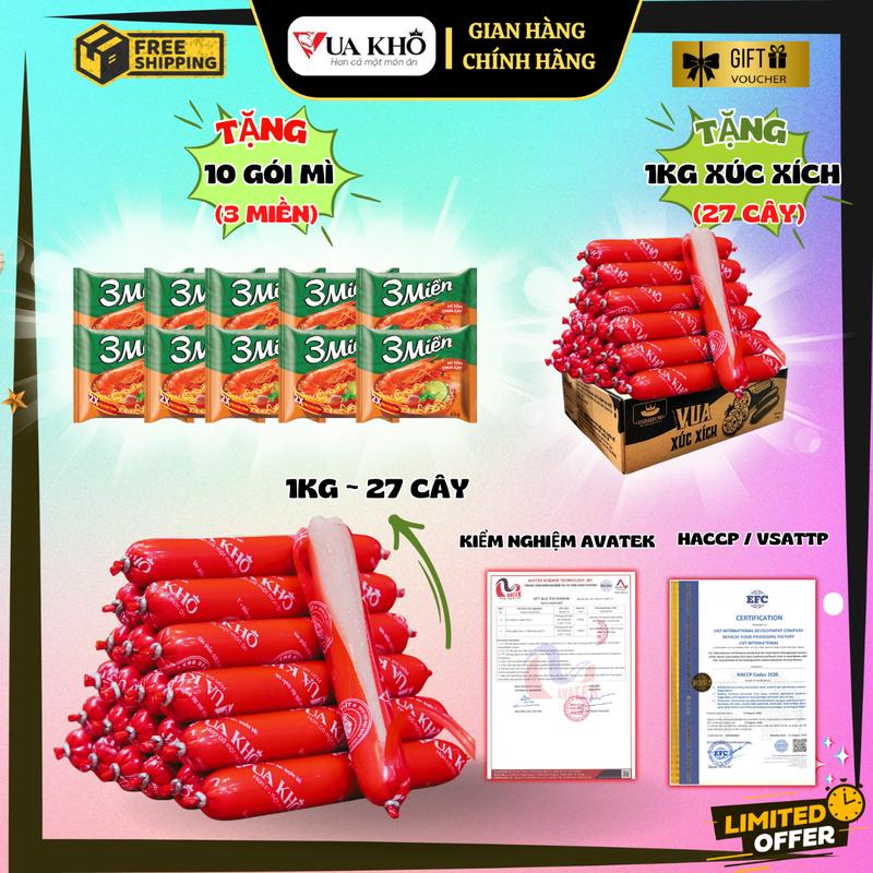Combo Siêu Rẻ: 1KG xúc xích ăn liền Vua Khô SIZE 35gr cây = 27 cây kg - Tặng 1Kg xúc xích + 10 gói mì 3 miền - Đồ ăn vặt snack Food ăn liền Thức Ăn ăn liền Thịt đồ ăn nhẹ khô.