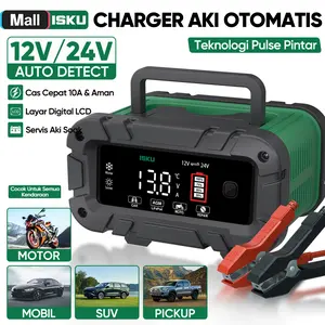 ISKU Charger Aki Mobil Motor 12V 24V 10A Otomatis Alat Cas Casan Baterai Kering Basah AGM LiFePO4 Pinter Layar Digital LCD Servis