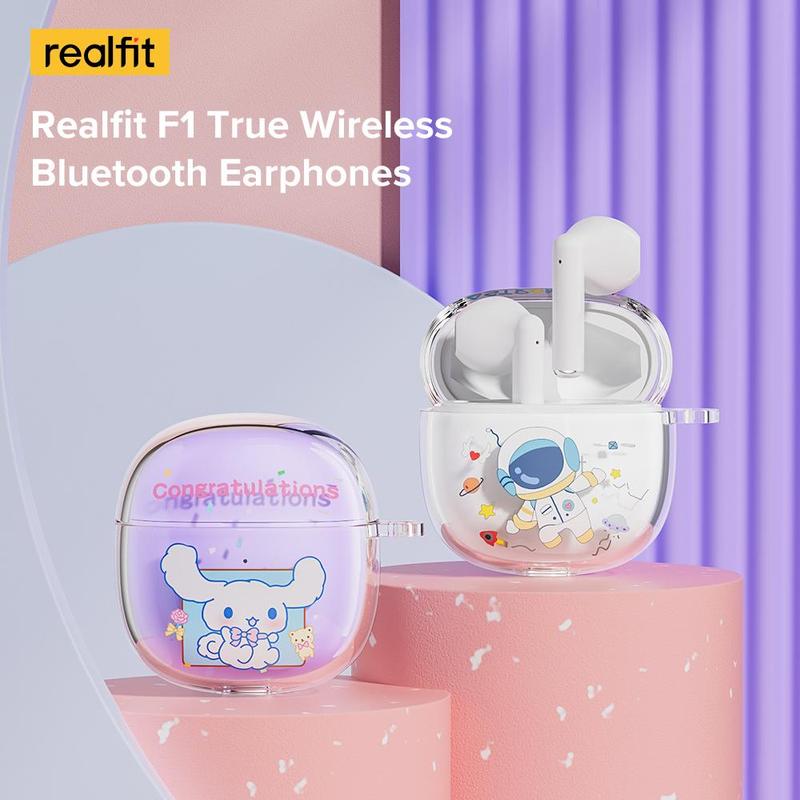 Realfit - Tai nghe không dây mini với Mic, tai nghe hoạt hình dễ thương, TWS , đầy màu sắc, BT5.3, F1