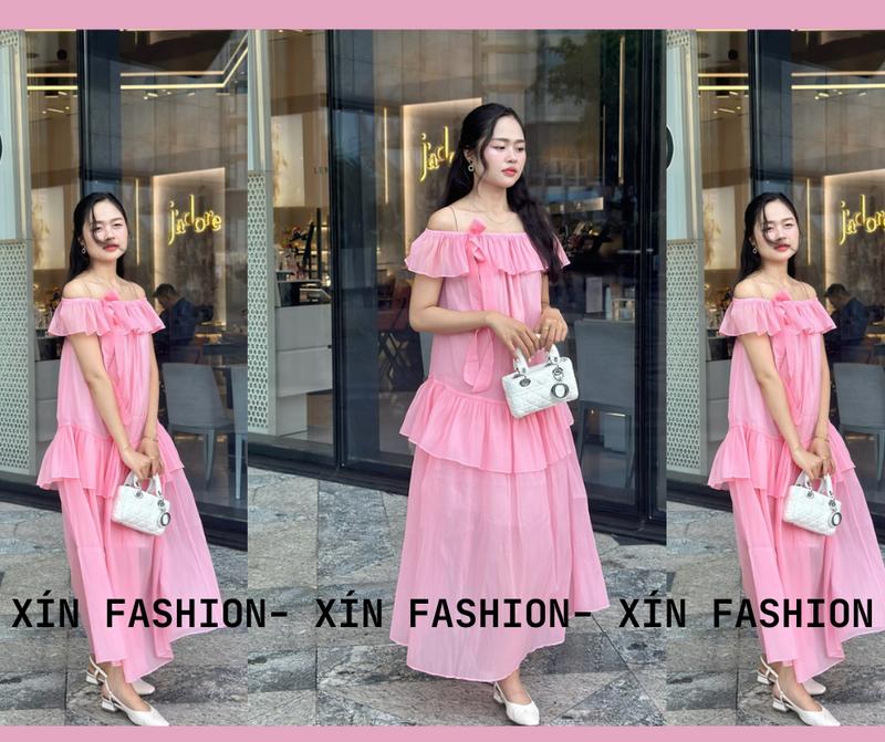  Đầm Suông Nữ Dáng Dài Trễ Vai Đi Tiệc Du Lịch Xín Women Dress Váy Maxi Bigsize Princess Dress - Freesize 45-75kg - Hồng Đen Bẹ Tím Xanh Nhạt 
